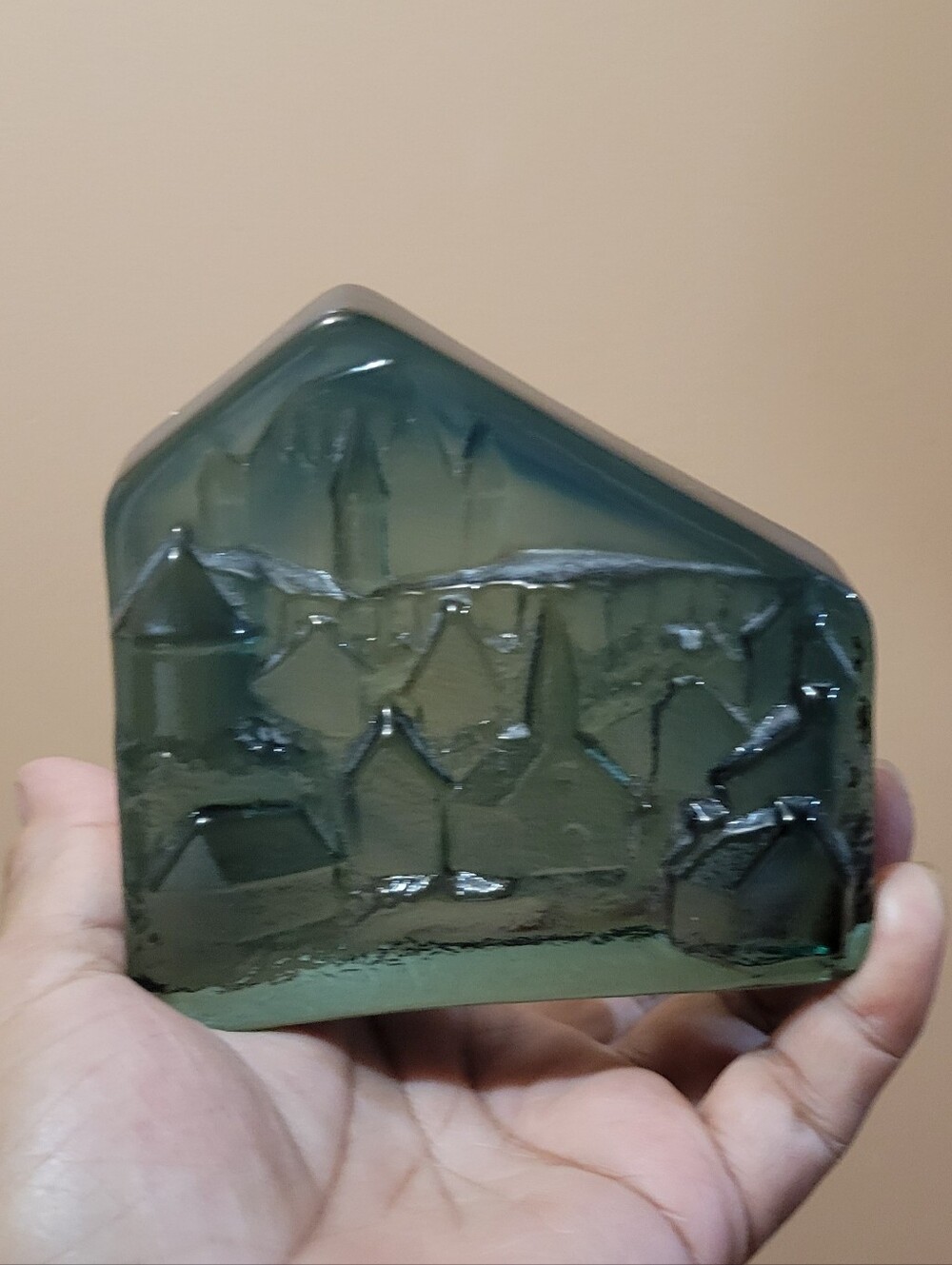 Verrie La Mailloche Vintage paperweight, Canadian made green art glass
